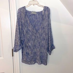 Michael Stars blue and white knit patterned loose sweater. Two pockets in front